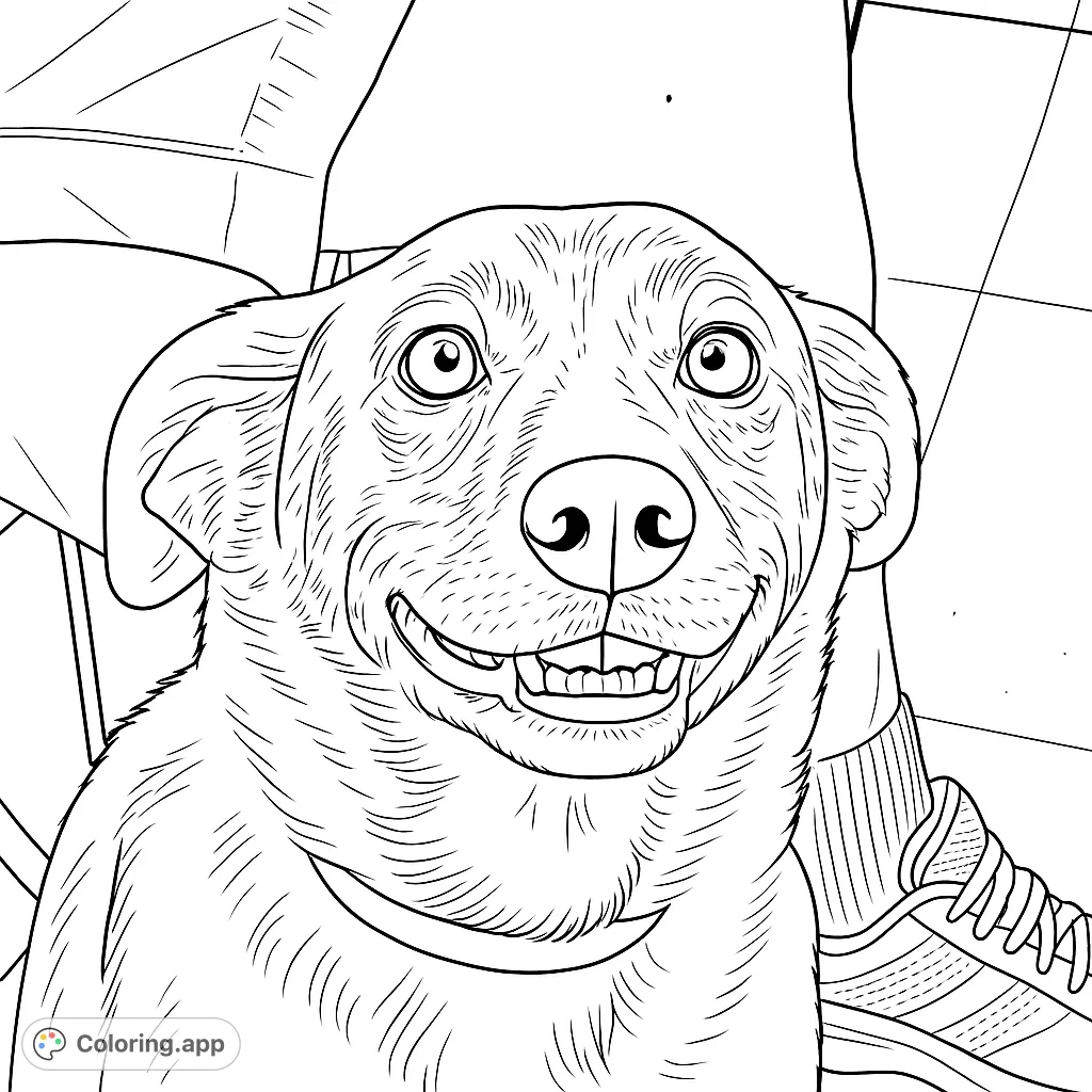 A delightful coloring page featuring a happy dog with a wide, toothy grin and expressive eyes, perfect for pet lovers of all ages.
