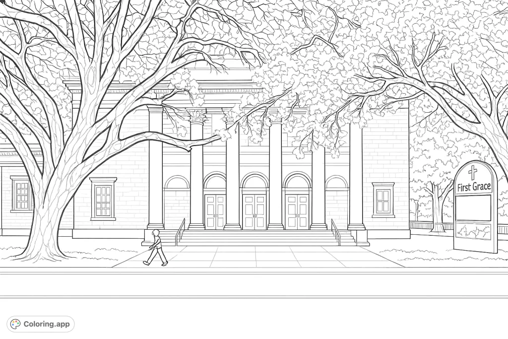 Color a grand architectural scene featuring a stately building framed by majestic trees, a serene street, and a walking figure. Perfect for architecture and nature enthusiasts.