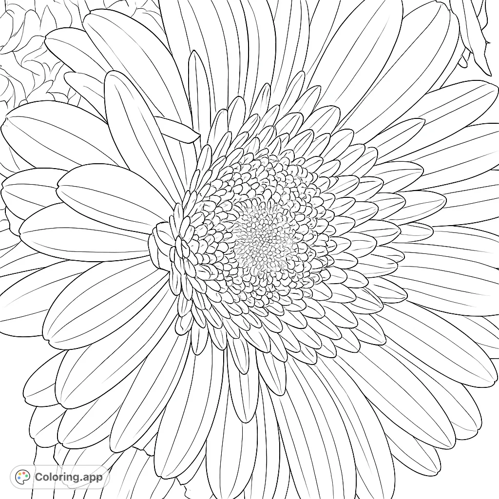 A stunning close-up of a Gerbera daisy, showcasing its intricate petals and textured center. A beautiful floral design for mindful coloring.