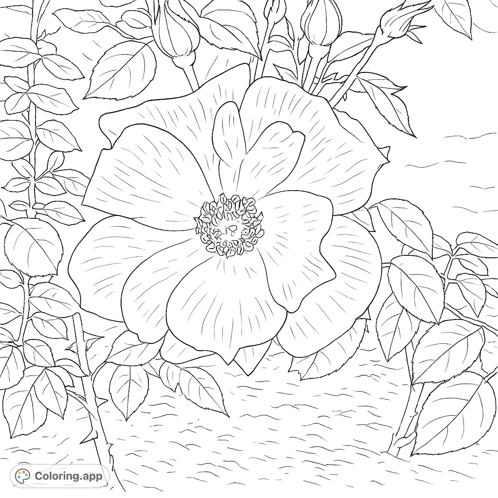 A beautiful, realistic rose bloom with intricate petals and a detailed center, surrounded by delicate leaves and unopened buds. Perfect for nature lovers.