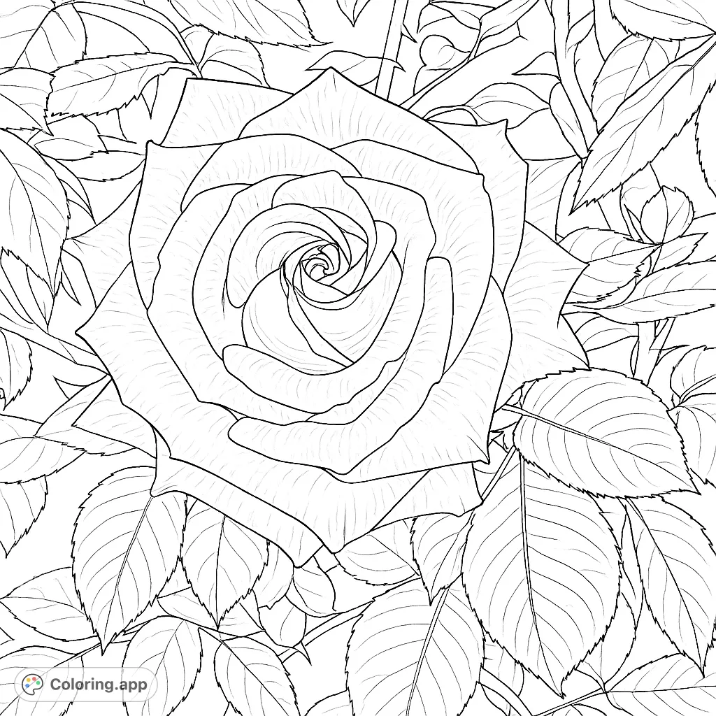 Discover the intricate beauty of a detailed rose bloom, surrounded by lush foliage. A perfect free printable rose coloring page for all ages.