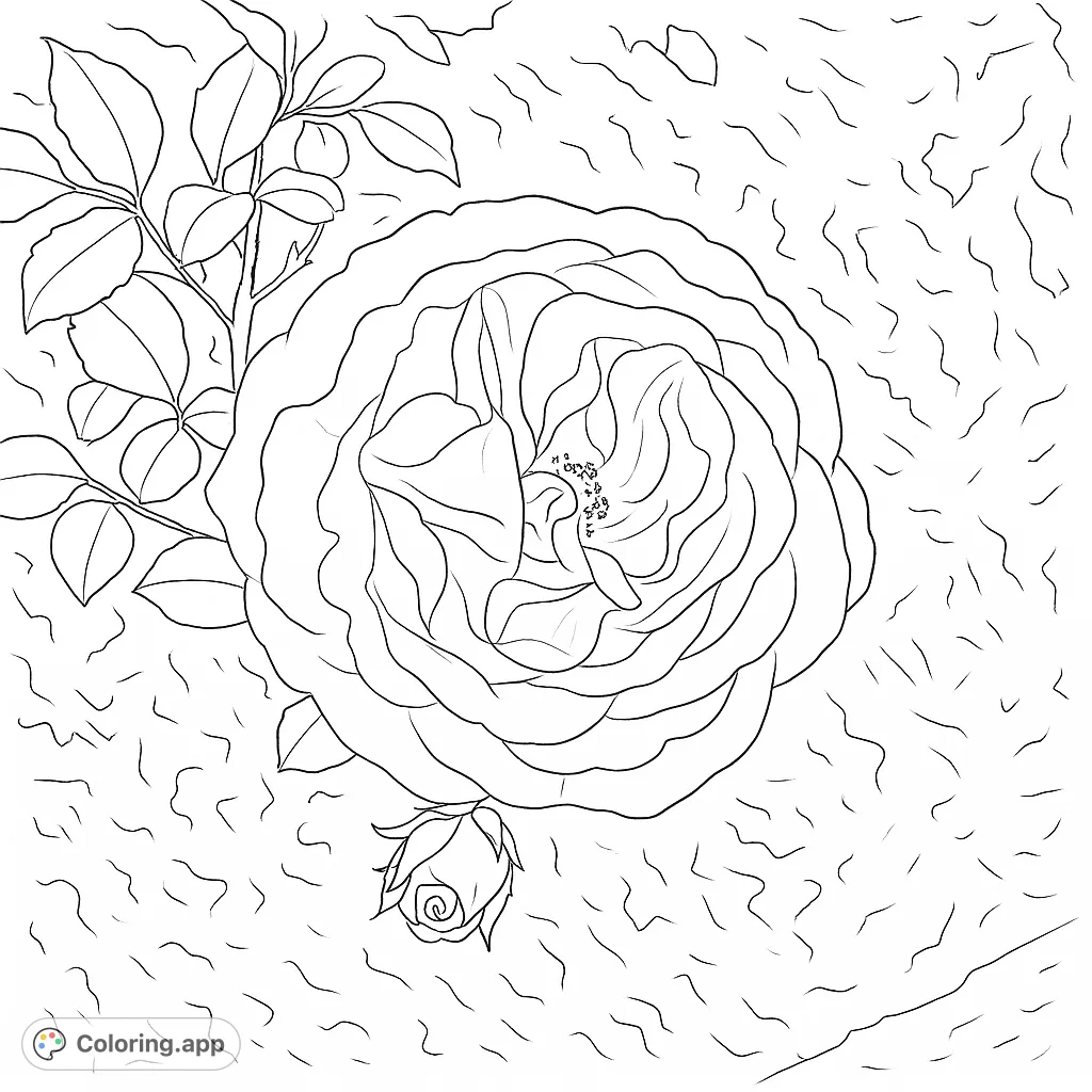 Capture the intricate beauty of a fully bloomed rose and a delicate bud. This realistic rose coloring page offers detailed petals and natural foliage for a serene coloring experience.