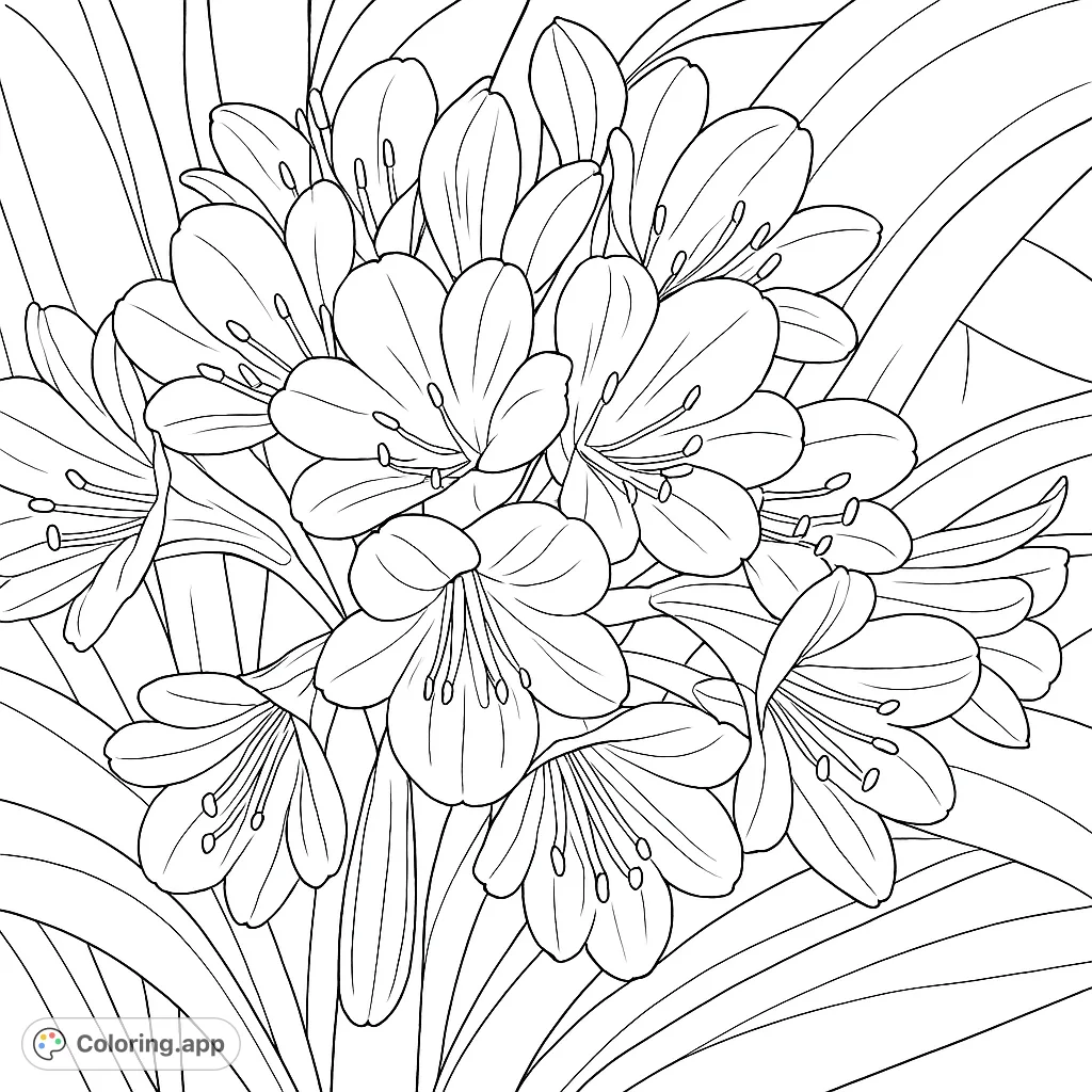 Discover the intricate beauty of a Clivia flower cluster. This detailed coloring page features multiple blooms with delicate petals and prominent stamens, set against lush foliage.