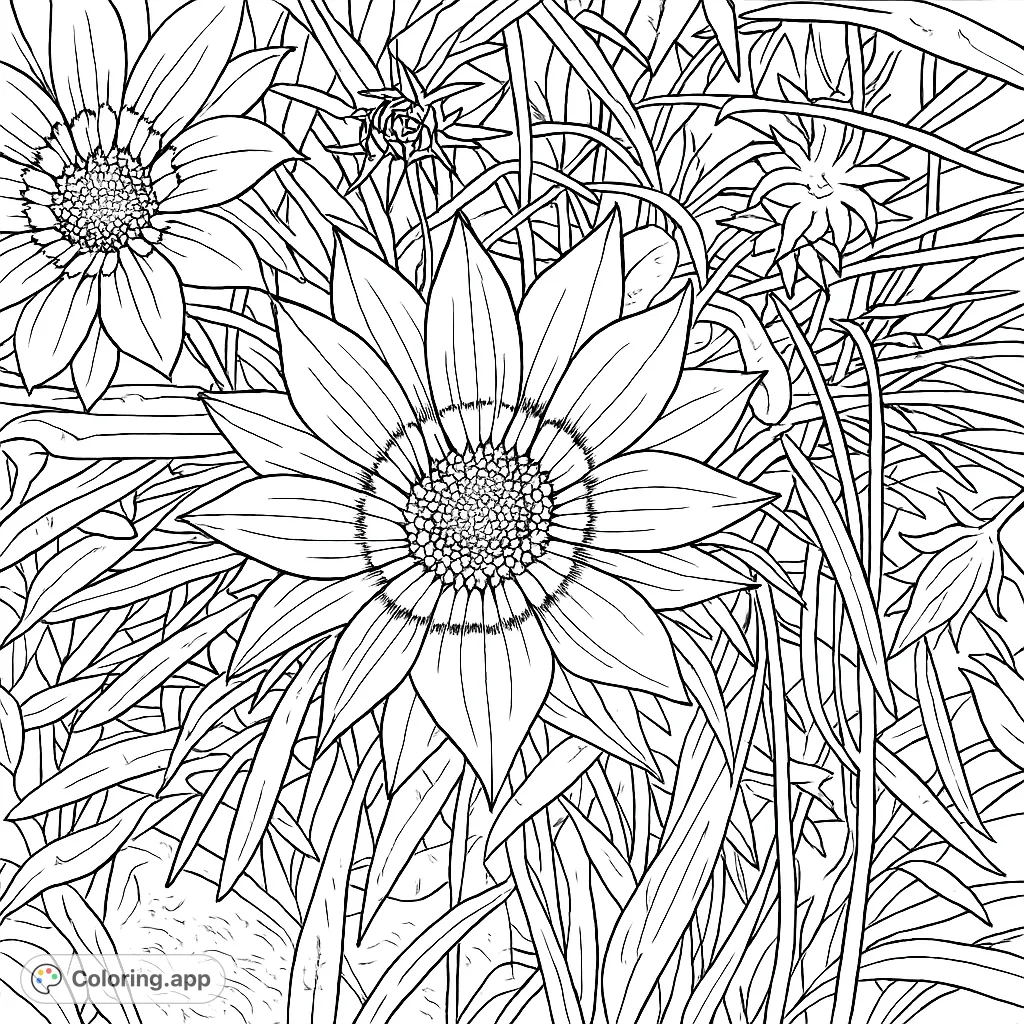 Discover the intricate beauty of an exotic gazania flower with detailed petals and a textured center, surrounded by lush foliage. A realistic floral coloring page.