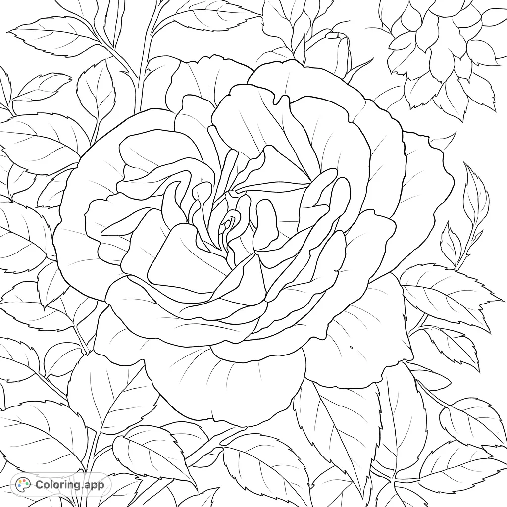 Color a stunning, realistic rose bloom with intricately layered petals and a tiny insect. A beautiful botanical free printable coloring page for adults.