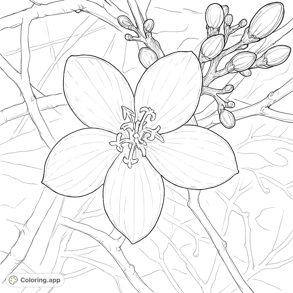 A beautiful five-petaled flower with intricate stamens, surrounded by delicate buds on a branch. A realistic floral design for nature lovers.