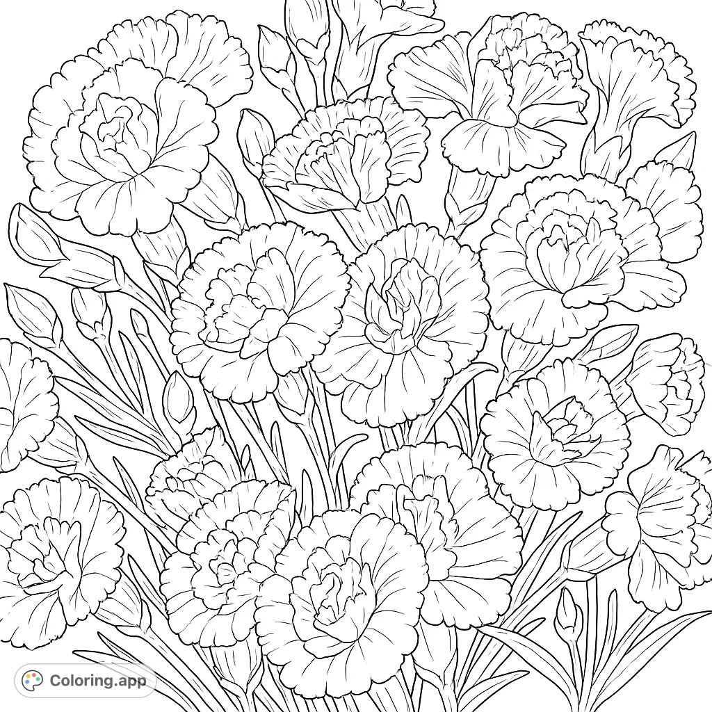 A beautiful carnation bouquet coloring page, featuring a dense arrangement of ruffled blooms and delicate foliage. Perfect for floral enthusiasts.