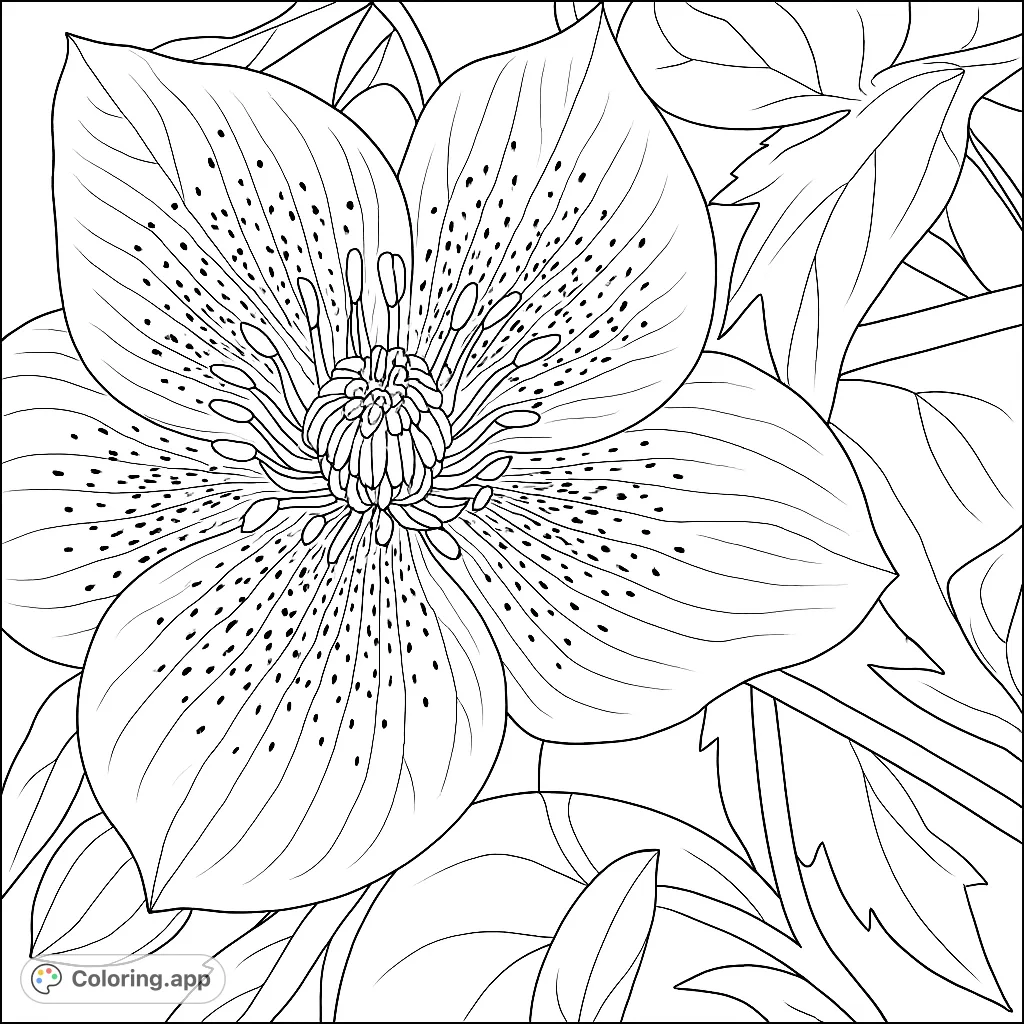 A beautiful hellebore flower with intricate speckled petals and a detailed stamen, offering a realistic botanical coloring experience for nature lovers.