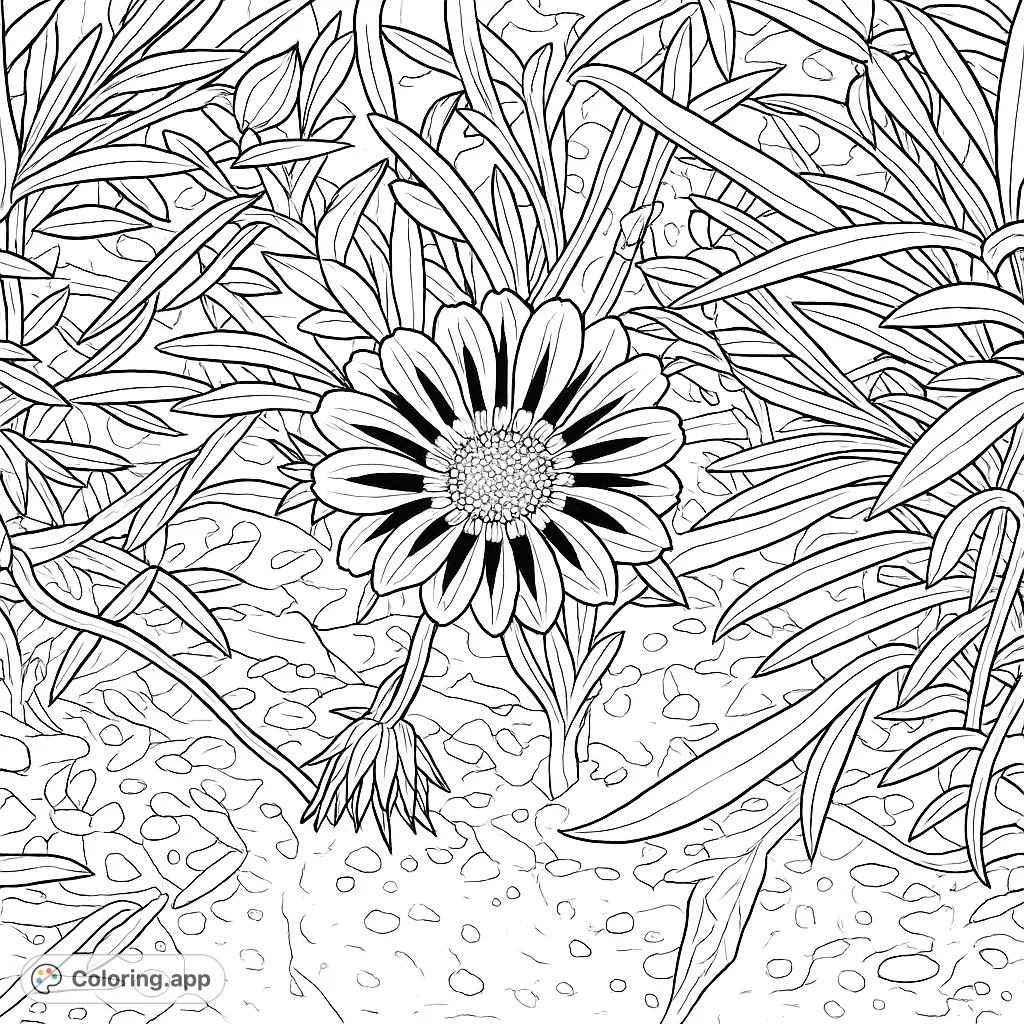 A detailed close-up of a striking flower with unique striped petals and a textured center, surrounded by lush foliage and natural ground elements.