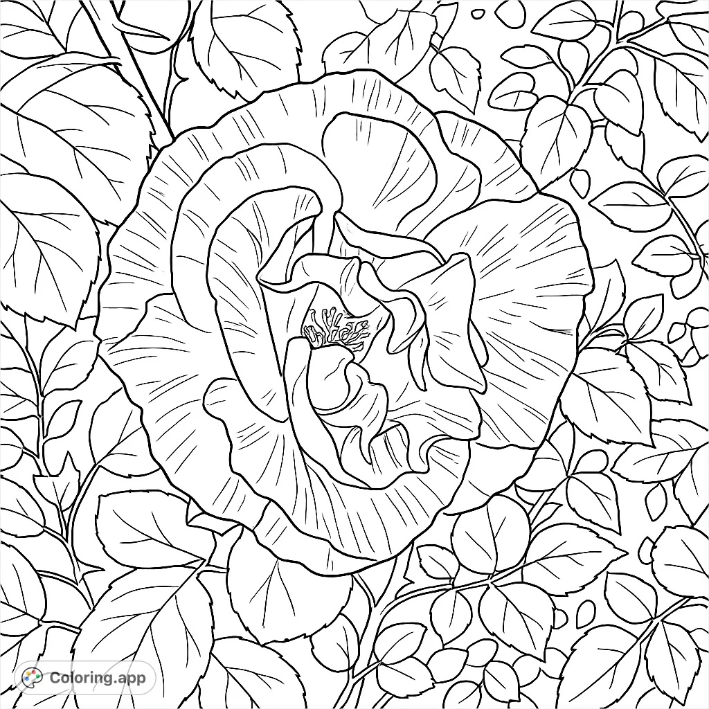 Discover the intricate beauty of a variegated rose bloom. This detailed floral coloring page offers a realistic challenge for nature enthusiasts.