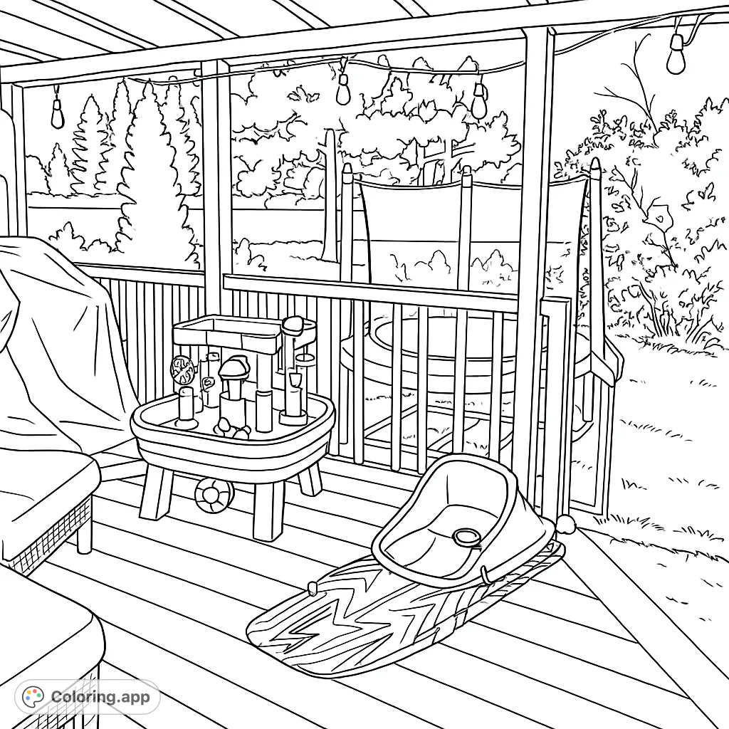 Explore a fun backyard scene featuring a water table, trampoline, and sleds. Perfect for imaginative coloring and outdoor adventure themes.