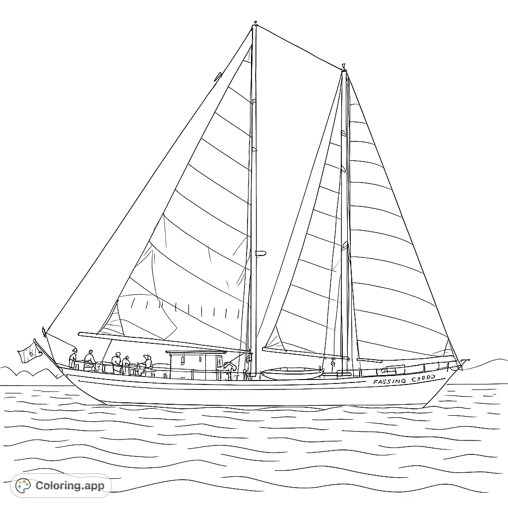 Embark on a nautical adventure with this sailboat coloring page. Features a grand vessel with unfurled sails, cruising on open waters with distant mountains.