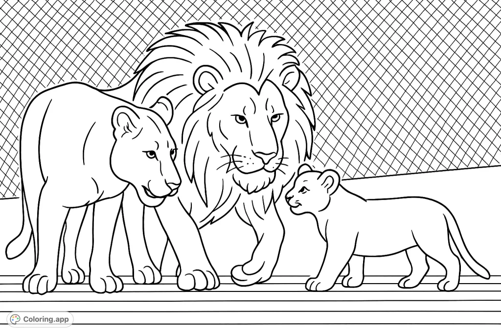 A majestic lion family, featuring a powerful male, a graceful lioness, and an adorable cub, ready for your creative touch. A captivating lion family coloring page.