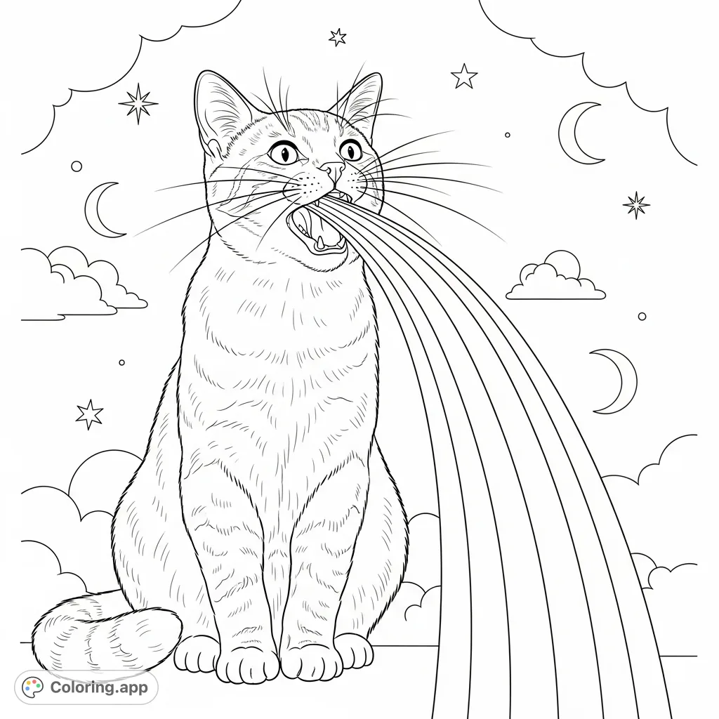 A charming cat with a whimsical rainbow arching from its open mouth, set against a starry sky. A delightful and imaginative scene for all ages.