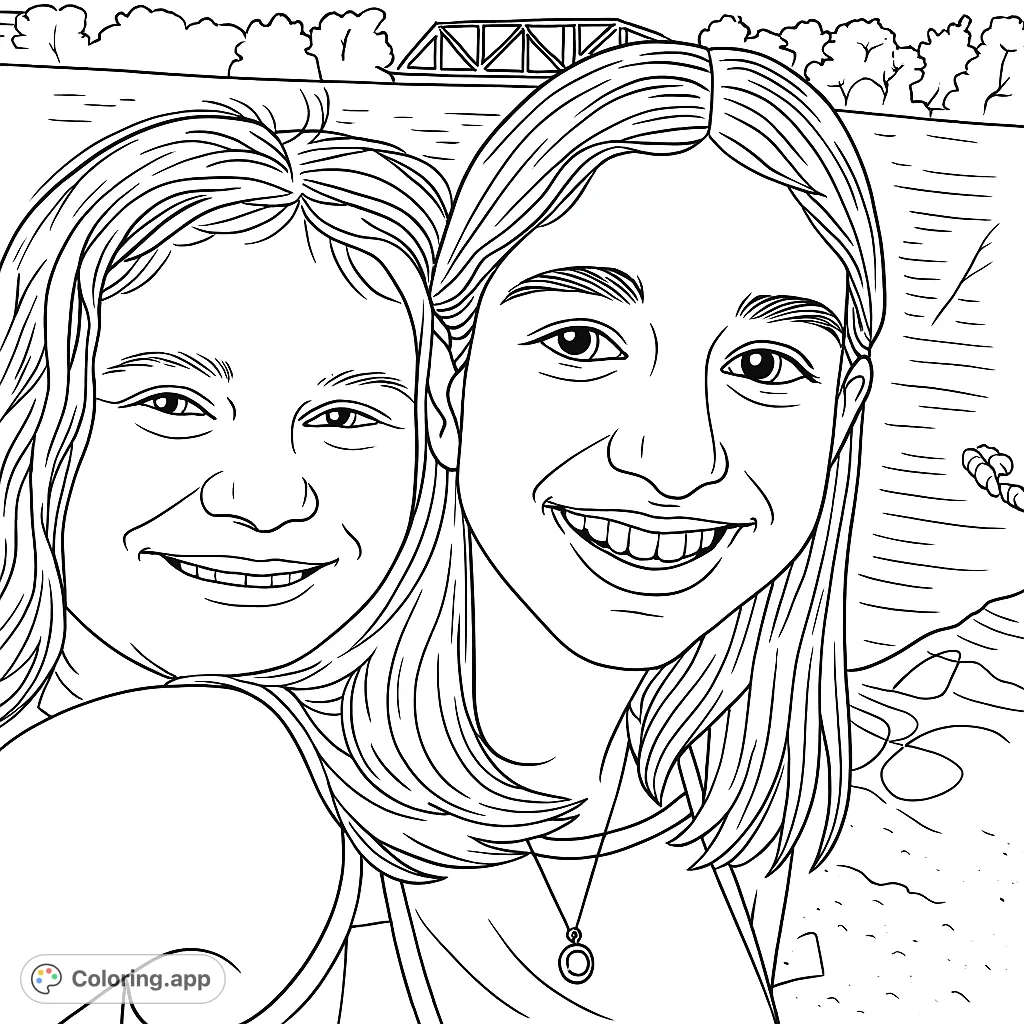 Capture the joy of friendship with this delightful coloring page featuring two smiling individuals by a scenic waterfront, complete with a distant bridge.