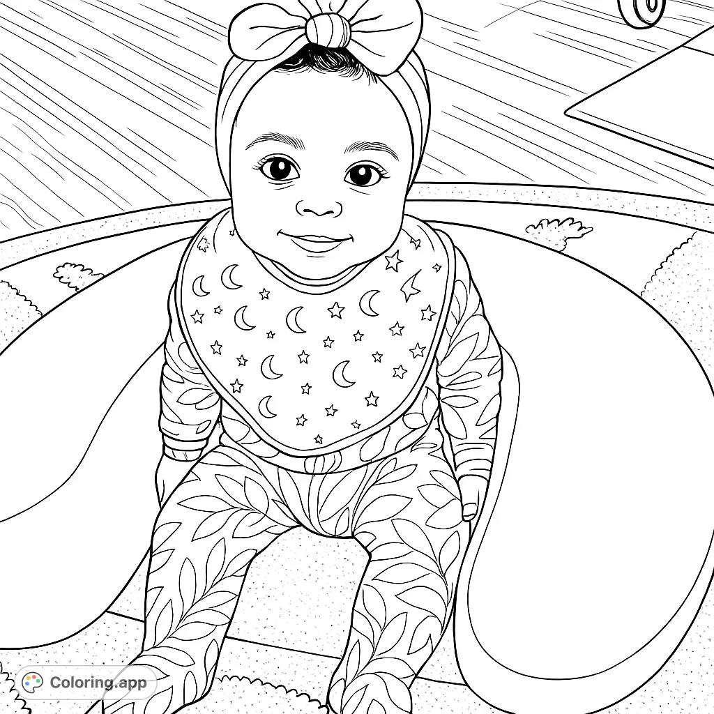 An adorable baby with a big bow headband and patterned bib sits smiling in a supportive seat, ready for a delightful coloring experience.