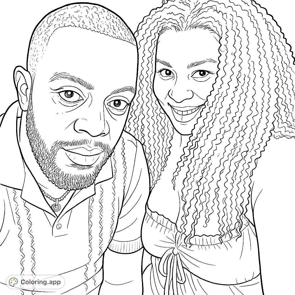 A detailed portrait of a couple, featuring a man with a patterned shirt and a woman with voluminous curly hair, set against a simple background.