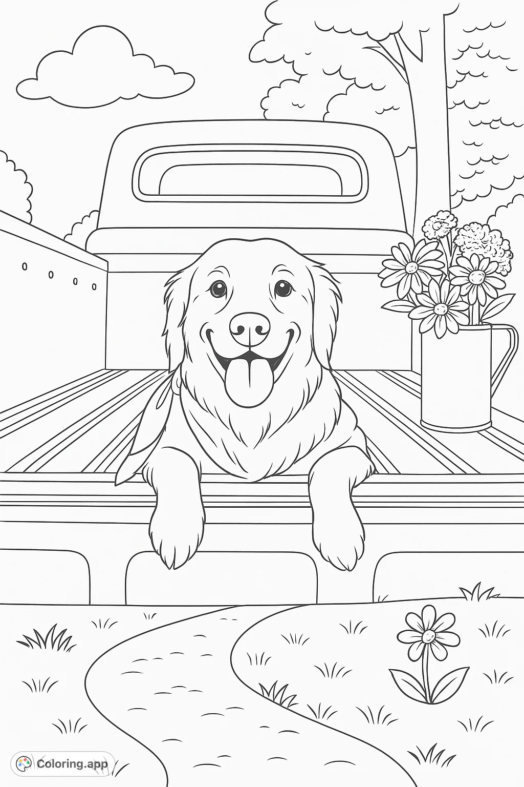 A joyful dog in a pickup truck bed, surrounded by flowers, ready for an adventure. A delightful scene for all ages to color.