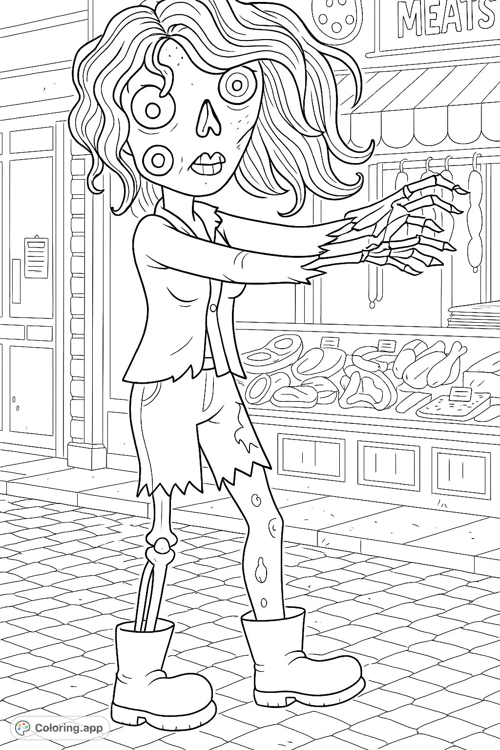 A detailed zombie character with tattered clothes and skeletal features, walking on a cobblestone street in front of a butcher shop. Perfect for horror fans.