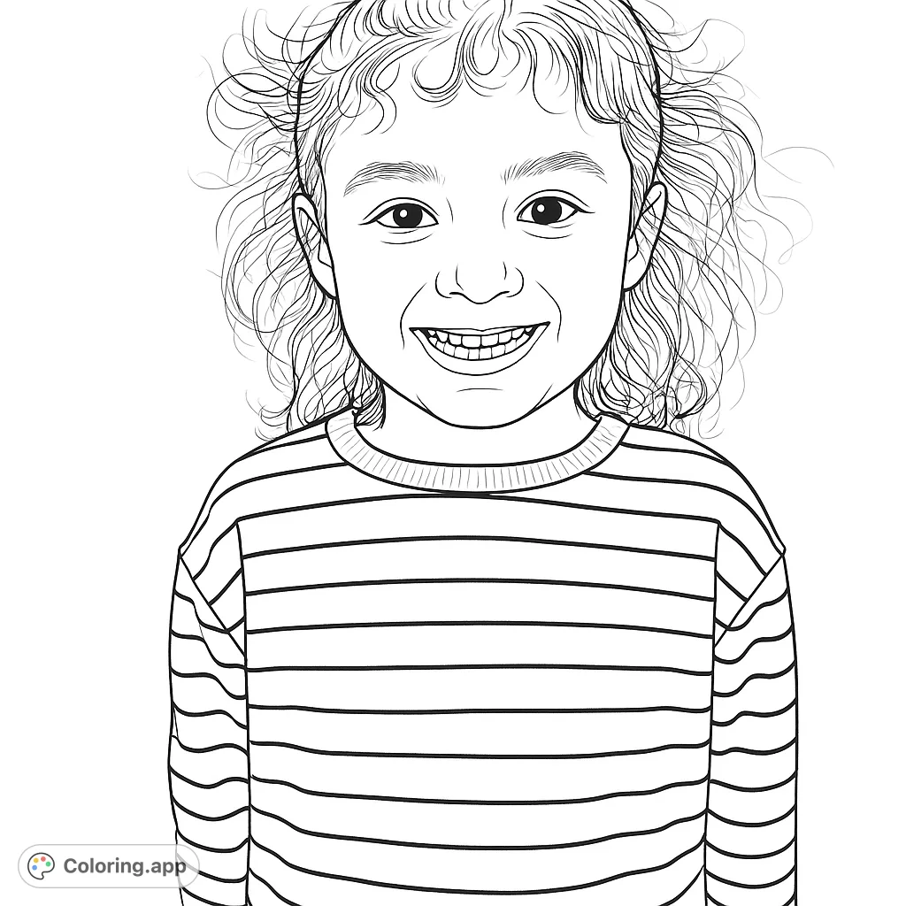 A delightful coloring page featuring a happy child with curly hair and a striped shirt, perfect for bringing joy to any colorist.