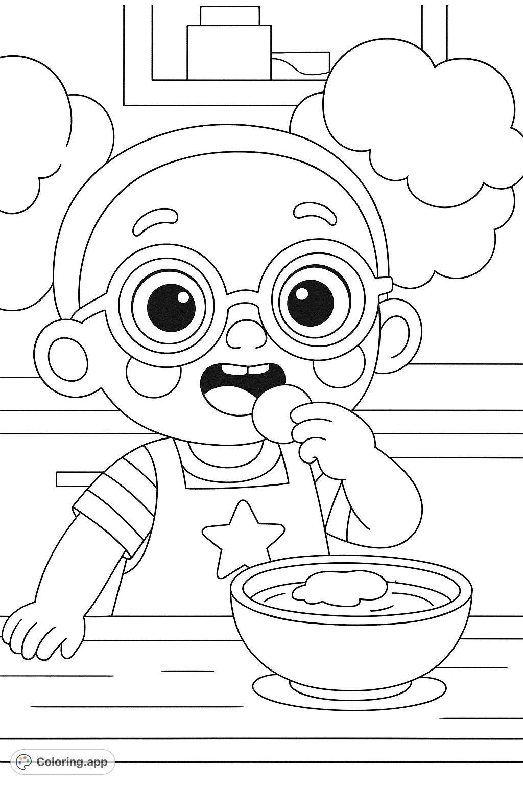 A delightful coloring page featuring a happy child with pigtails and glasses, enjoying a meal at the table. Perfect for young artists!