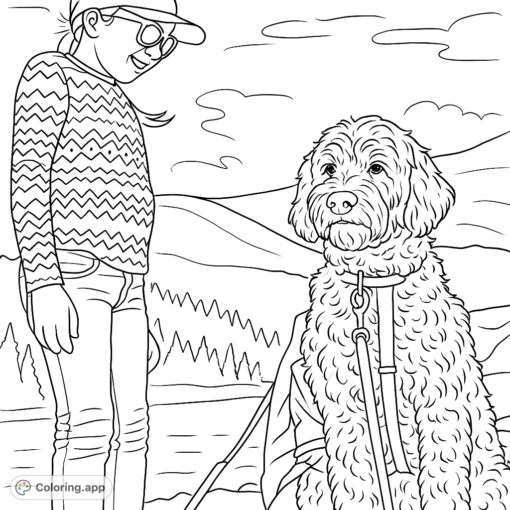 A joyful girl and her shaggy dog on an outdoor adventure, with mountains and a lake in the background. Perfect for nature and pet lovers.