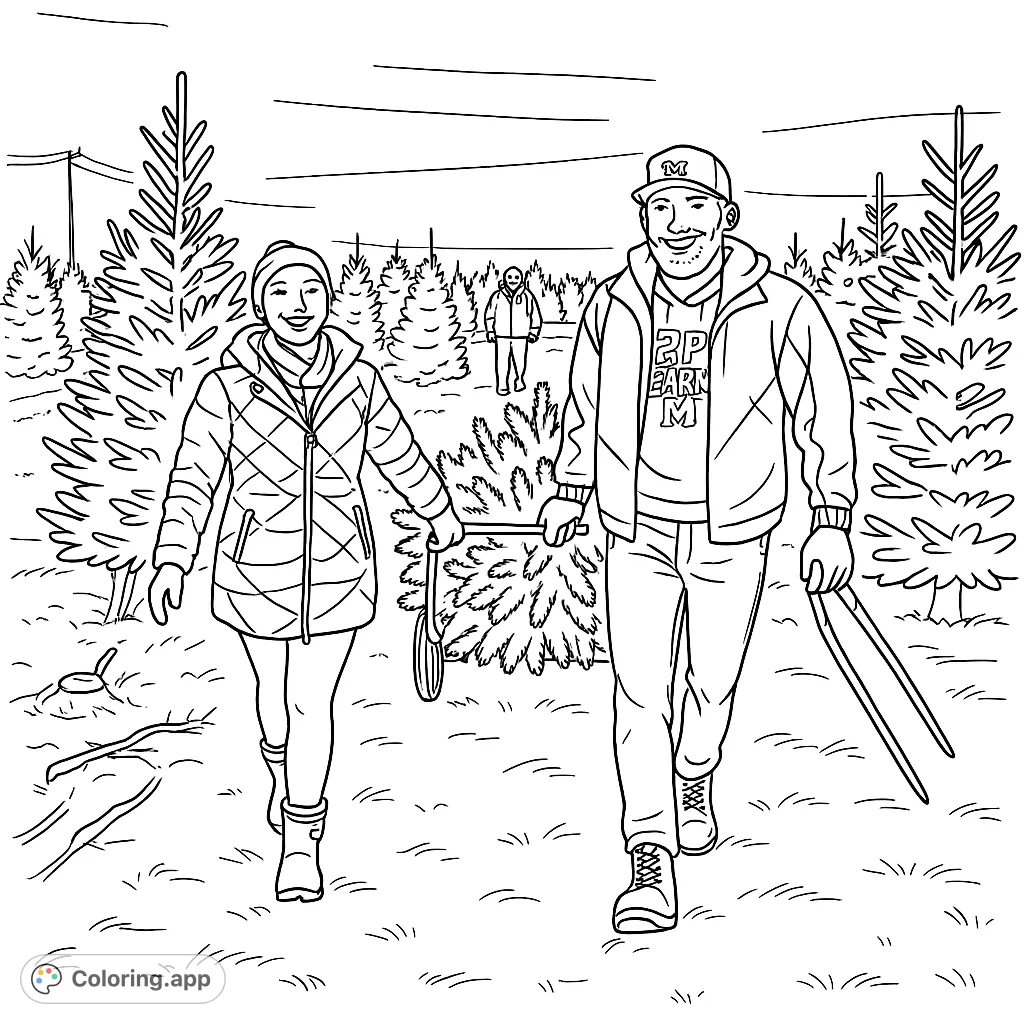 A joyful couple pulls their freshly cut Christmas tree on a cart through a festive tree farm. A perfect holiday coloring page for all ages.