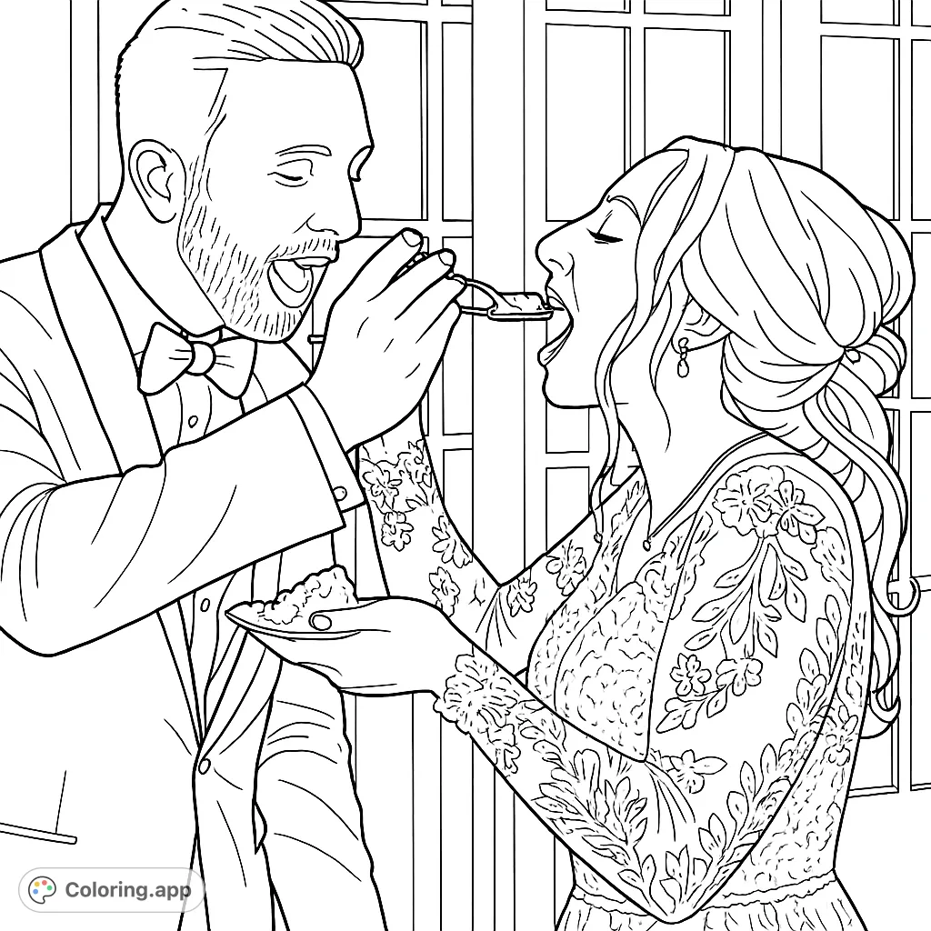 A joyful couple shares a playful moment, feeding each other cake. Features intricate dress details and a celebratory atmosphere, perfect for a wedding coloring page.