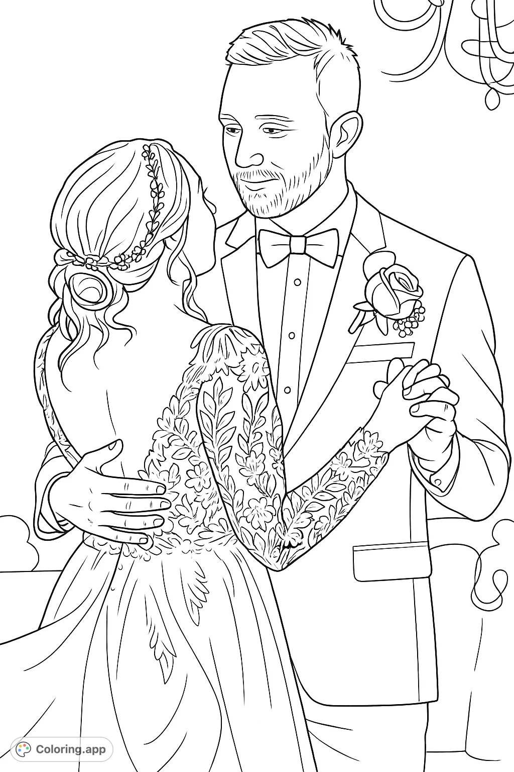 Capture a tender wedding moment with this elegant couple dancing. Intricate lace details, formal attire, and a romantic embrace await your artistic touch.