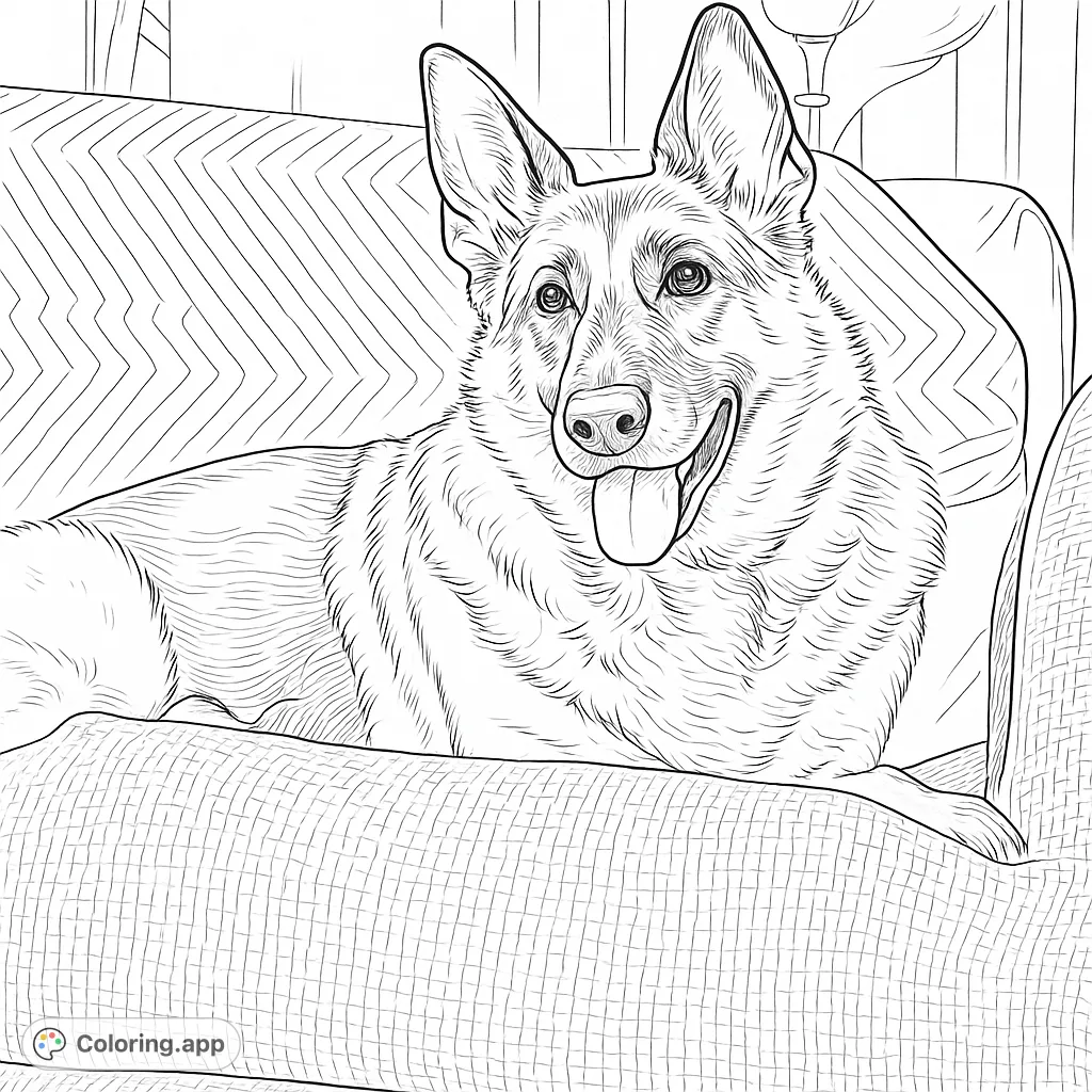 A charming German Shepherd dog rests on an armchair, offering a delightful canvas for pet lovers. Perfect for a free printable dog coloring page.