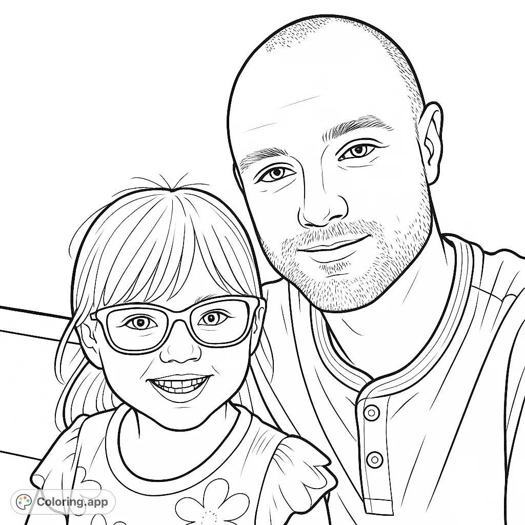 A heartwarming portrait of a man and a child, smiling together. Perfect for personalizing with your favorite hues and celebrating family bonds.
