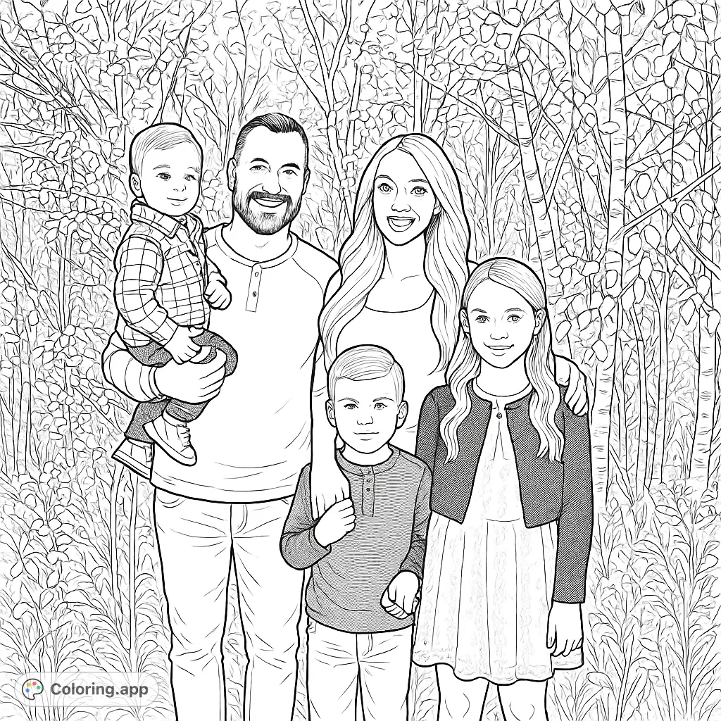 A heartwarming family portrait featuring two adults and three children amidst a natural outdoor setting. Perfect for personalizing with your favorite colors.