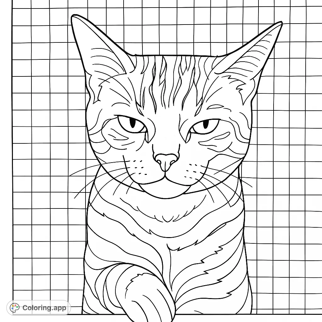 A charming cat peeks through a screen, its striped fur and thoughtful expression inviting a detailed coloring experience. Perfect for animal lovers.