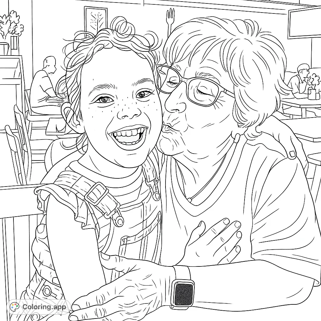Capture a tender moment between a grandmother and granddaughter in a diner setting. A heartwarming family portrait coloring page.