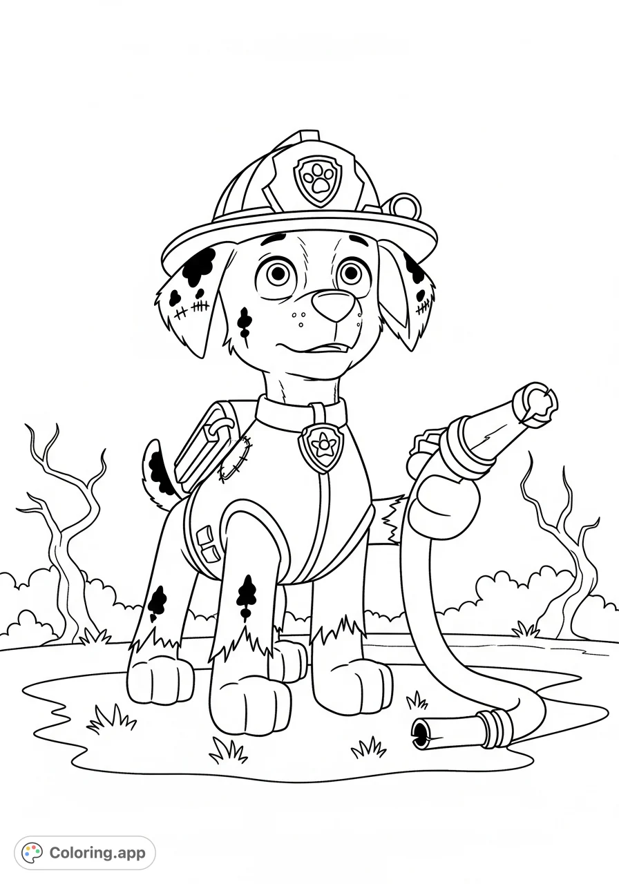 A unique Paw Patrol coloring page featuring Marshal as a playful zombie, perfect for fans seeking a spooky twist on their favorite pup.