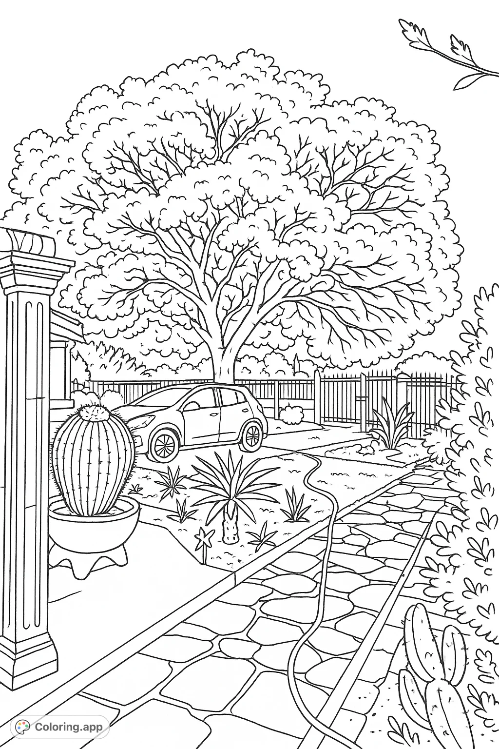 A beautiful garden scene featuring a magnificent, full-blossomed tree, a unique cactus, and a charming stone path. Perfect for nature lovers.