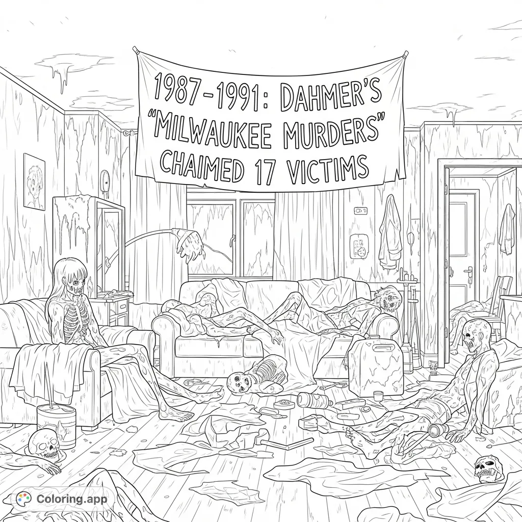A chilling depiction of Dahmer's apartment, featuring decomposing forms and a banner detailing the 'Milwaukee Murders'.