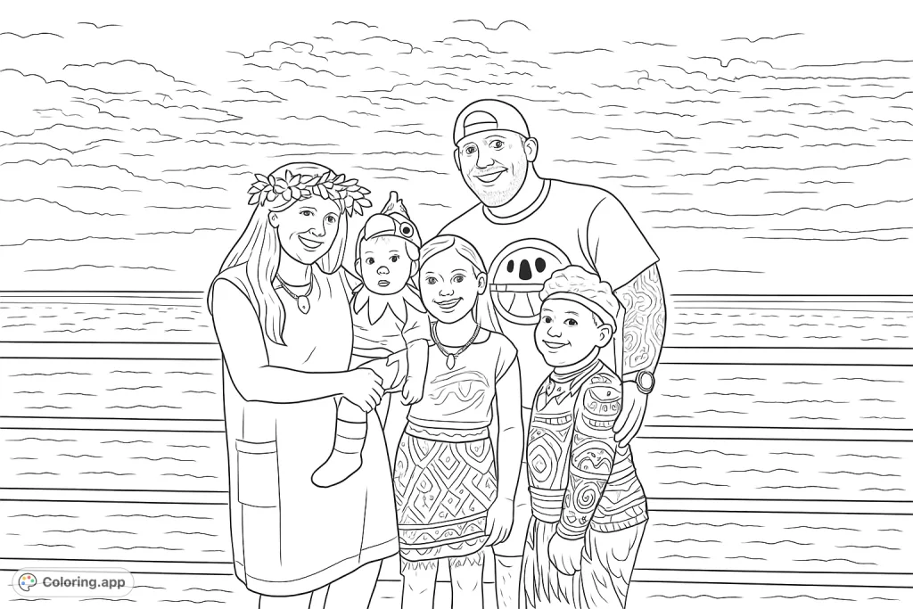 A joyful family portrait featuring five members in festive, patterned attire against a scenic ocean backdrop, perfect for a tropical adventure coloring page.