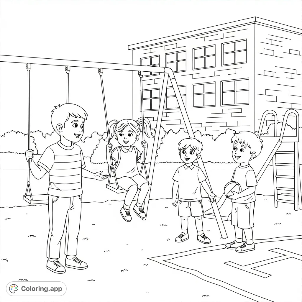 A heartwarming autism coloring page featuring an autistic boy making friends and interacting with other children during school recess. Perfect for promoting inclusion.