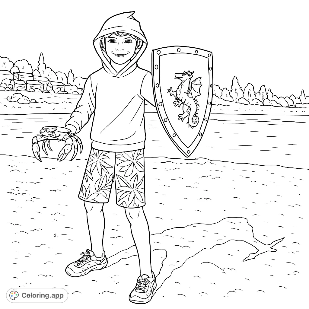 A young adventurer on a sandy beach, holding a crab and a dragon shield. Perfect for imaginative kids who love nature and fantasy!