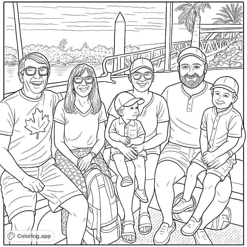 Capture a joyful family moment on a boat trip. This delightful coloring page features a multi-generational family enjoying a sunny day on the water, perfect for all ages.