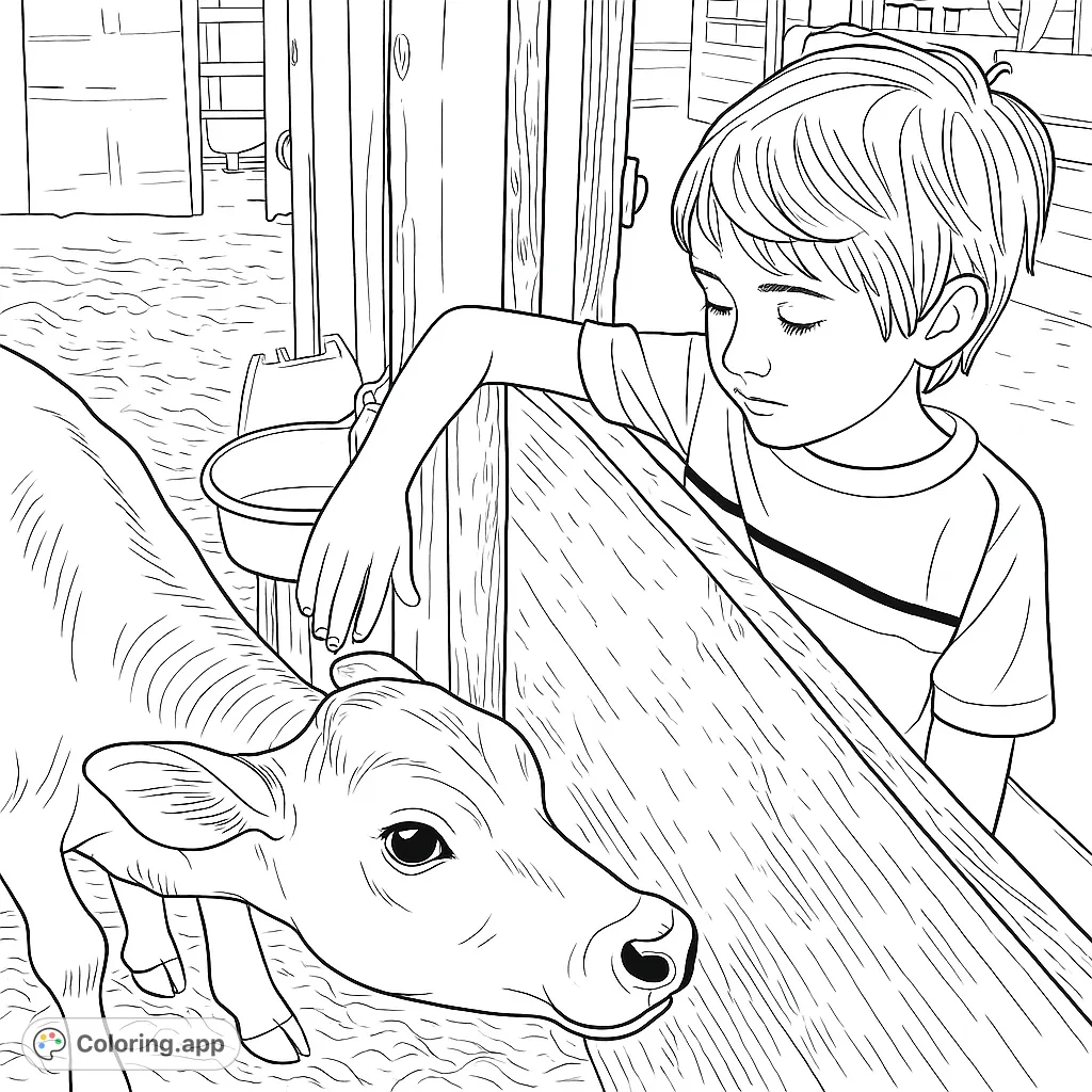 A heartwarming scene of a child gently interacting with a curious calf in a rustic barn. Perfect for animal lovers and farm life enthusiasts.