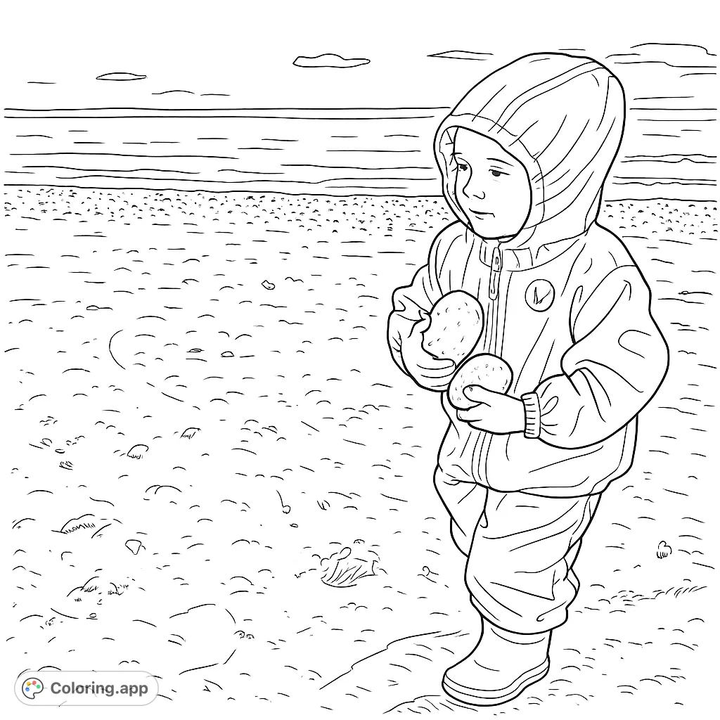 A delightful beach scene featuring a child in a hooded jacket, holding two rocks. Perfect for a relaxing coloring experience by the sea.