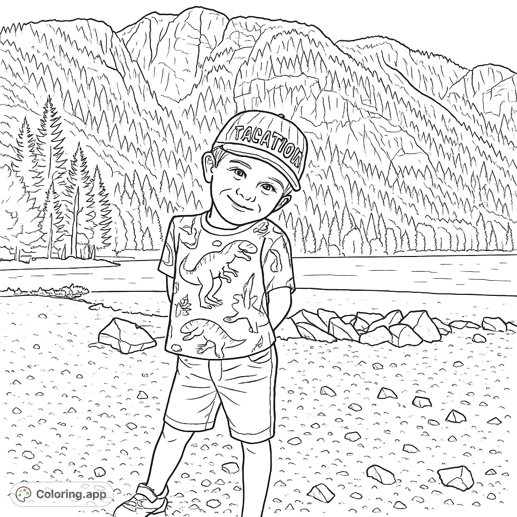 A cheerful child stands on a rocky shore, framed by a majestic mountain, dense forest, and serene lake. A nature-themed coloring page for all ages.