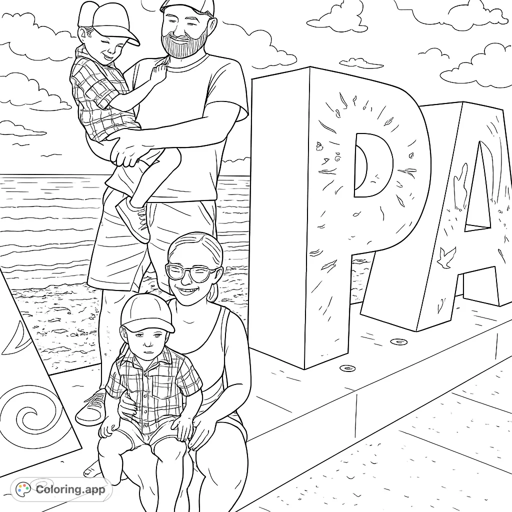 Capture a joyful family moment by the sea with large decorative letters. This family portrait coloring page offers a delightful scene for all ages to personalize.