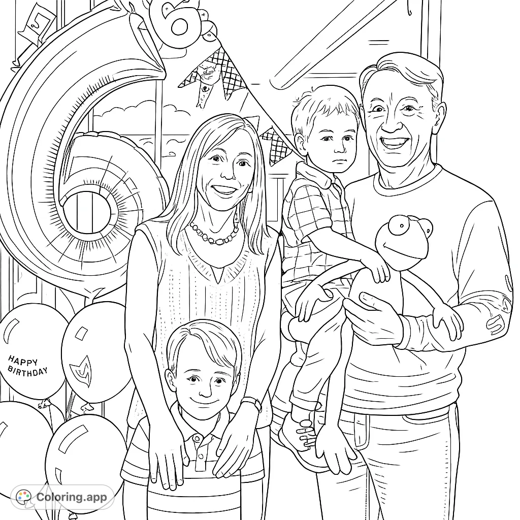 A joyful family celebrates a 6th birthday with balloons and a construction-themed banner. Perfect for a personalized birthday coloring page.