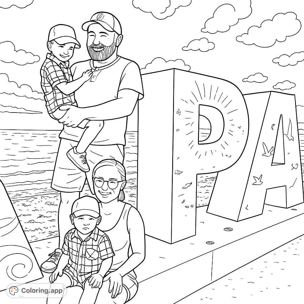 A happy family poses by large decorative letters on a beach, with the ocean and sky in the background. Perfect for a fun coloring activity.