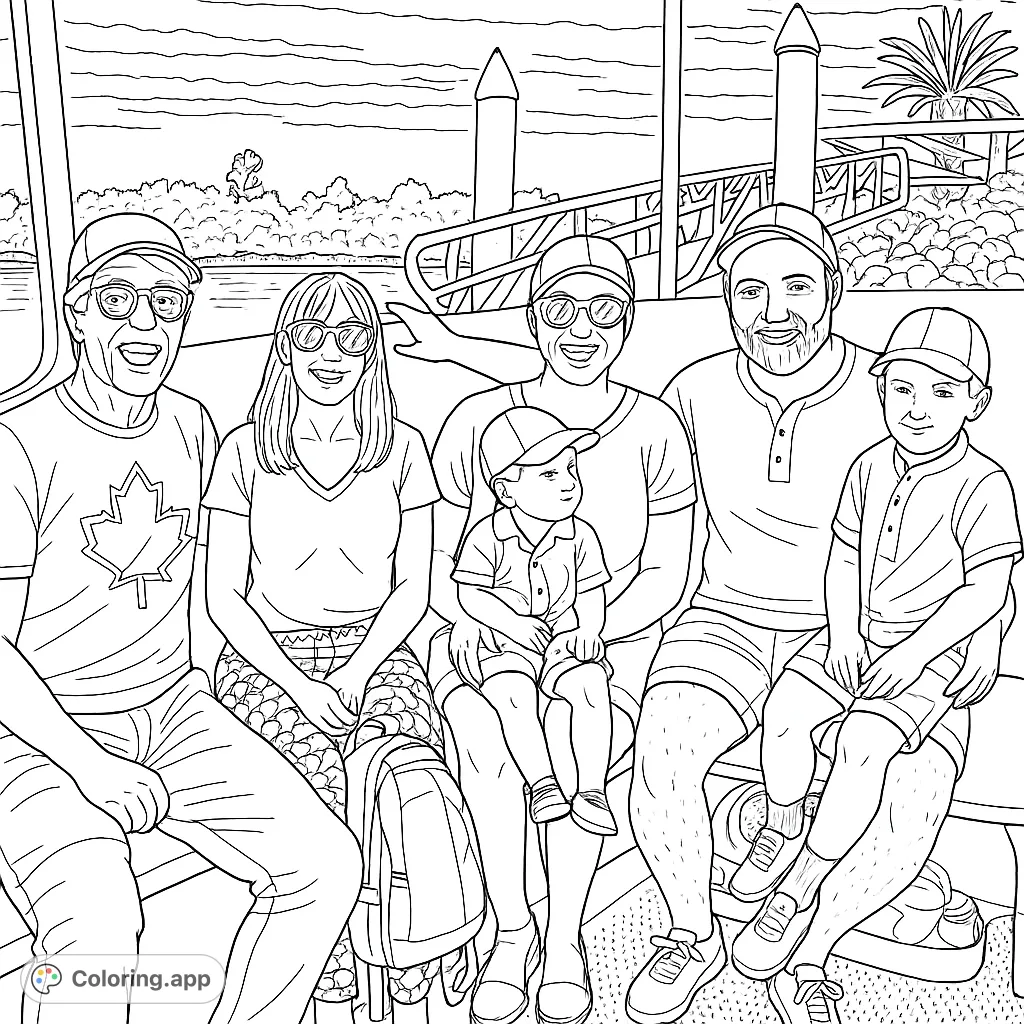A joyful multi-generational family on a boat, enjoying scenic views. This family boat trip coloring page offers a relaxing and engaging experience.