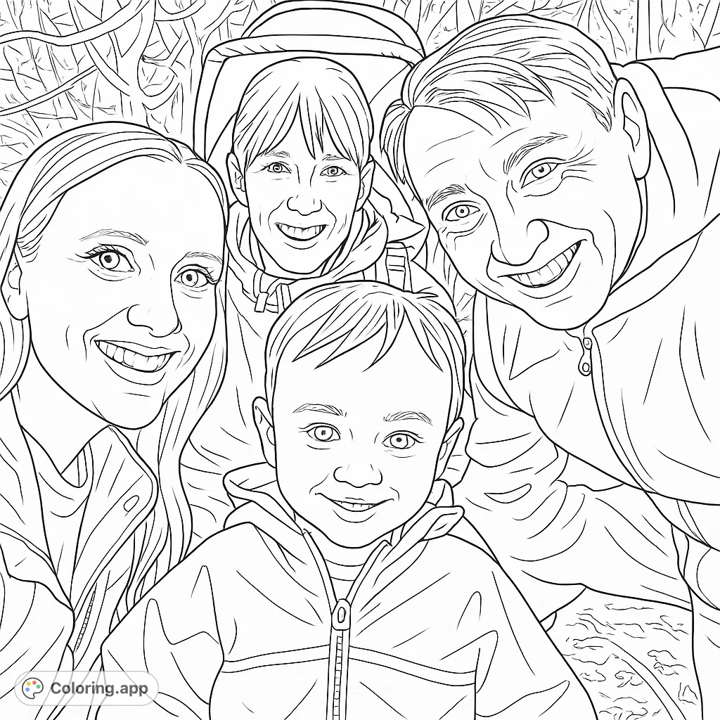 A heartwarming family portrait in a lush forest setting, featuring smiling faces and a cheerful toddler. Perfect for an outdoor adventure coloring page.