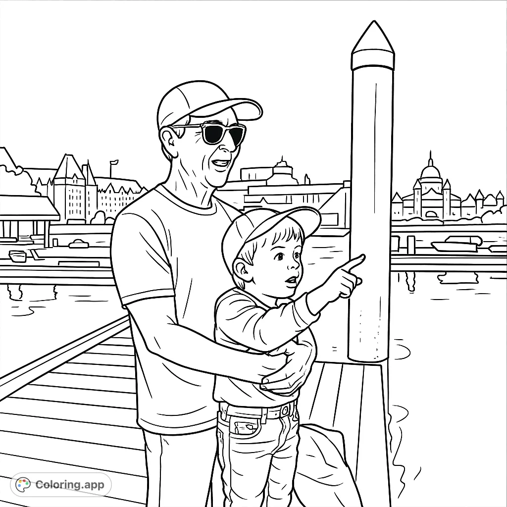 A heartwarming scene of a grandfather and grandson on a dock, pointing at something exciting in the marina. Perfect for family-themed coloring fun.